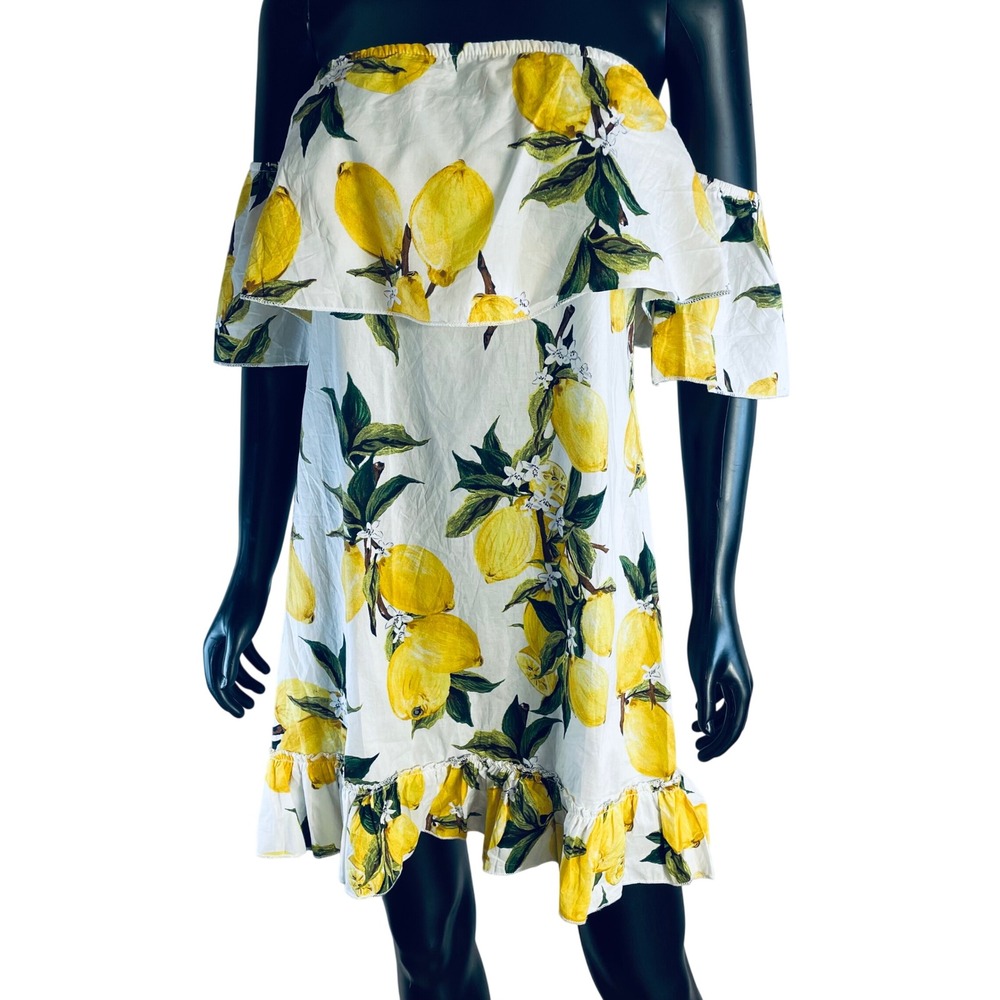 Parisian Women Mini Dress Cotton Lemon Print Off Shoulder Ruffle Summer Tropical